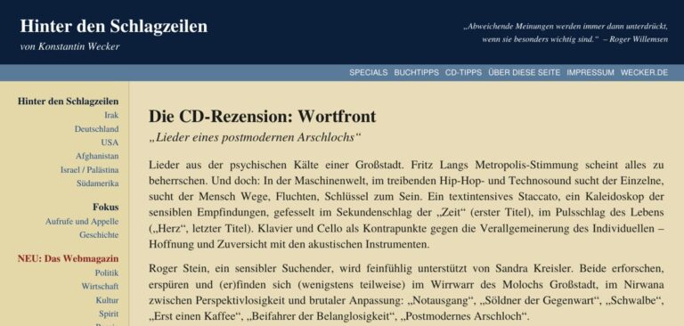 CD-Rezension „Wortfront – Lieder eines postmodernen Arschlochs“ in Hinter den Schlagzeilen, 20. April 2006