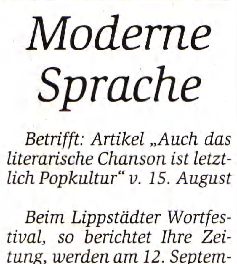 Zeitungsausschnitt: Leserbrief mit der Überschrift „Moderne Sprache“