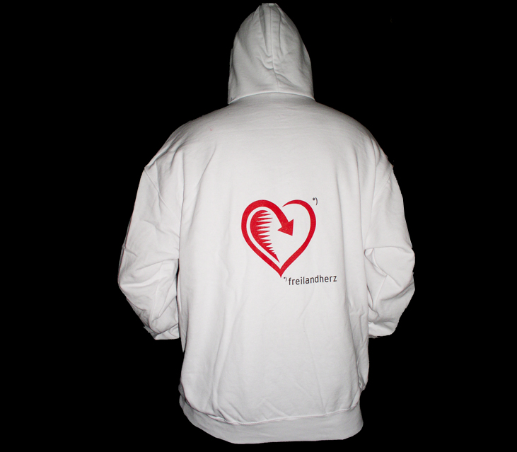 Freilandherz – Kapuzenpullover (weiss) – hinten mit Kapuze