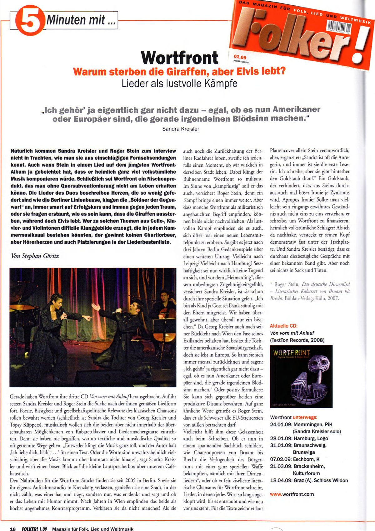 Artikel „Wortfront – Warum sterben die Giraffen, aber Elvis lebt?“ im Folker 1/2009