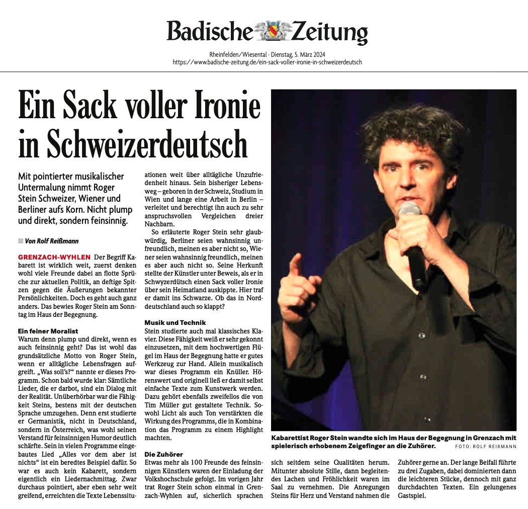 Artikel „Ein Sack voller Ironie in Schweizerdeutsch“ in der Badischen Zeitung vom 5. März 2024